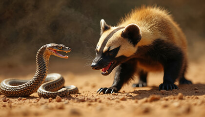 Fierce honey badger confronts cobra in intense wildlife standoff. Sharp claws extended, badger ready for battle against venomous snake. Cinematic scene raw animal nature, survival instincts in arid
