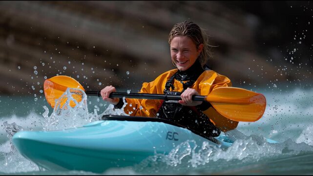 A focused kayaker maneuvers through turbulent waters, showcasing skill and determination in an action-packed moment.