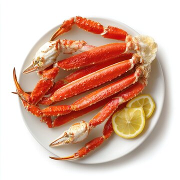 Fresh cooked snow crab legs on white plate with lemon garnish