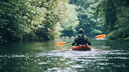 A person kayaking in a serene, lush green forest with a clear blue sky overhead.
