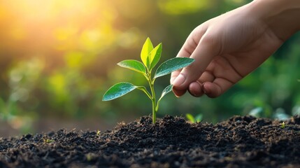 A hand watering a young plant in a garden, with a blurred background of greenery and sunlight.