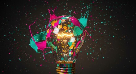 Creative Explosion: Glowing Lightbulb Struck by Vibrant Magenta and Teal Paint Splashes