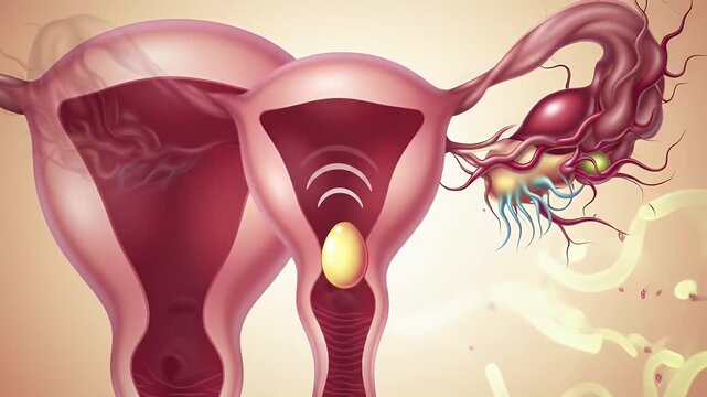 Detailed Anatomical Animation of Uterus Ovaries and Fallopian Tubes Featuring Egg Movement on a Cream Background Perfect for Medical Education and Understanding the Female Reproductive System