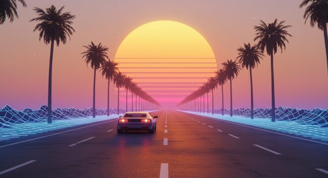 Digital Dreamscape Drive: Retro Car on a Palm-Lined Road to a Synthwave Sun - Powered by Adobe