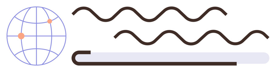 Globe with marked points, wave patterns representing data transfer, curved line symbolizing digital connection. Ideal for technology, internet, global reach, connectivity, telecommunication