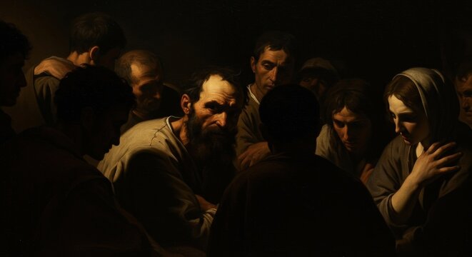Dramatic Chiaroscuro Illuminates a Tense Biblical Scene of Accusation and Denial