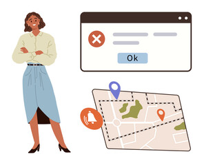Woman standing confidently, browser error notification with an ok button, map with navigation markers, location alerts. Ideal for technology, geolocation, UI design, navigation, problem-solving