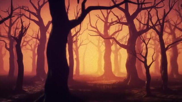 Eerie forest scene with bare trees in a foggy landscape, evoking a sense of mystery and foreboding in this creepy and cinematic background.