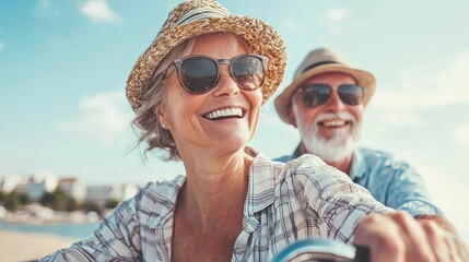 A happy senior couple riding a bicycle on a beach, wearing hats and sunglasses, with a clear blue sky and ocean in the background.
