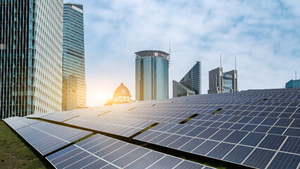 Solar Panels in Urban Area with Skyscrapers © zhouyilu