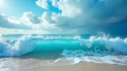 Turquoise ocean waves crashing onto sandy beach under vibrant blue sky with fluffy clouds create a serene scene