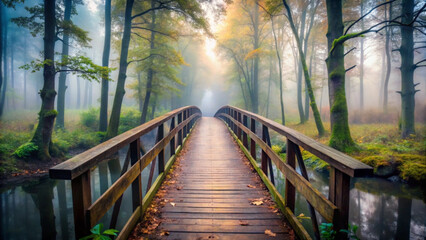 A serene wooden bridge in a misty forest with trees and greenery