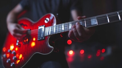 Obraz premium Close-Up of Guitarist Playing a Red Electric Guitar in Dark Setting