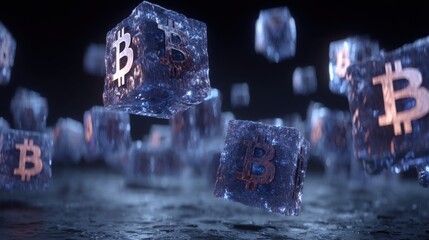 A bunch of bitcoin cubes representing cryptocurrency and digital innovation in a unique and creative graphic design