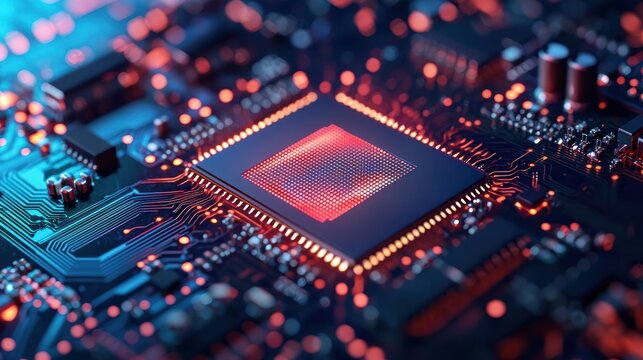 A computer chip with a glowing red and blue circuit board on a dark background.
