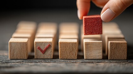 Person placing a block of wood with a red heart symbolizing contractor payment approval queue and confirmation process