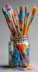 Fototapeta premium Colorful paintbrushes in a glass jar, showcasing vibrant paint residue
