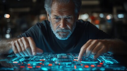 Focused Senior Man Working on Futuristic Digital Interface Technology