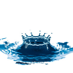 Vibrant blue water crown created by a droplet splash, showcasing dynamic liquid motion, pure energy, and refreshing clarity isolated on a clean white background.