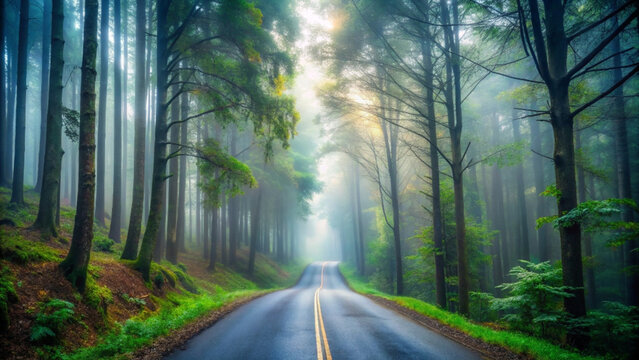 A serene road through a misty forest with tall trees and greenery