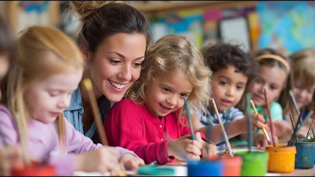 Happy Teacher and Children Painting Together in Art Class &ndash; Creative Learning and Early Childhood Education Concept