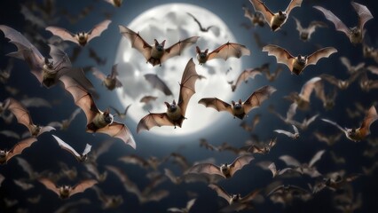 Dynamic Swarm of Bats Flying Under a Luminous Full Moon in a Dark Night Sky, Creating a Mysterious Halloween Scene