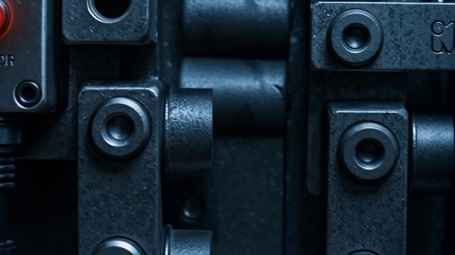 AI sensor technology for industrial production with metal machinery parts, glowing control indicator, and advanced sensor device in dark environment