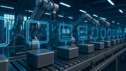 AI processing industry production uses robotic arm and conveyor belt technology for efficient automation, enhancing manufacturing quality - Powered by Adobe