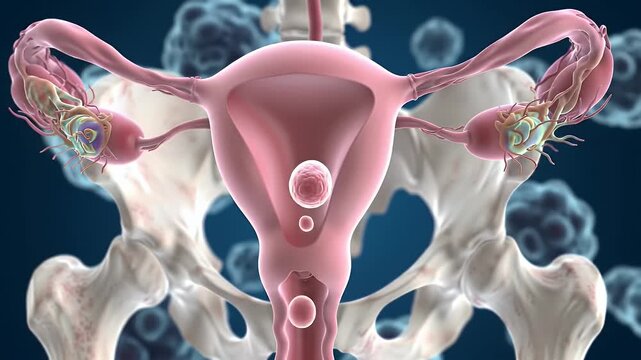 Detailed Female Reproductive System Anatomy Illustration in Pink Tones Displaying Uterus Ovaries Fallopian Tubes Zygote Development with Blue Gradient Background and Skeletal System Overlay