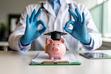 Doctor wearing blue gloves and white coat gives ok sign over a piggy bank wearing a graduation cap symbolizing medical education costs