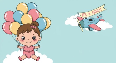 Joyful Arrival: Cute Cartoon Baby Girl with Balloons and an Airplane "It's a Girl!" Banner.