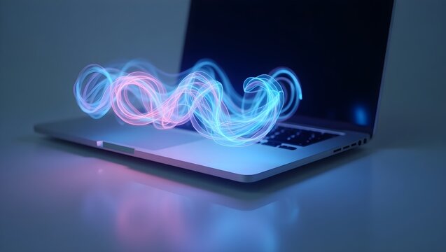 A sleek silver laptop with a metallic finish and  beautiful  keyboard, abstract technology background with world map ,laptop on blue background - Powered by Adobe