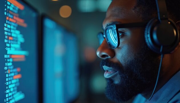 Man with headphones and glasses analyzing code on multiple computer screens. He is engaged in virtual training session, showing focus and concentration in pro environment, highlighting tech expertise.