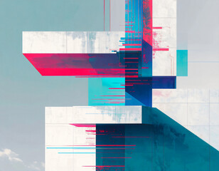 配線図のような都市構造。線の一部が切断され、そこからカラフルなノイズが静かに漏れ出し、空間全体に干渉していくグリッチ化した都市ネットワーク