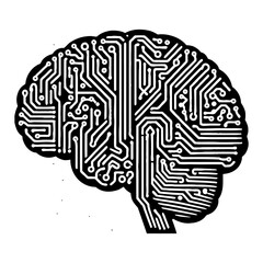 Fototapeta premium Black and White Outline Line Art Drawing of Human Brain as Digital Circuit Board Technology AI Concept