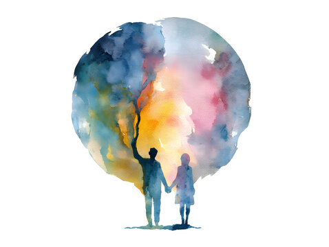 couple human standing connection hand up pose, abstract body world universe inside your mind watercolor painting hand drawing illustration design