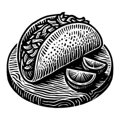 Delicious Mexican Taco Dish with Fresh Lime Slices on a Plate Black and White Outline Line Art Drawing