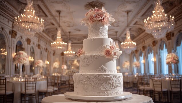Elegant four-tiered wedding cake with lace detailing and blush pink flowers, displayed in a grand ballroom