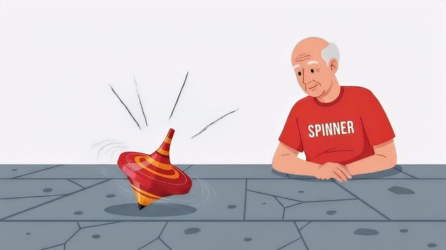 Joyful elderly man engages with a spinning top, reliving childhood fun with vibrant motion