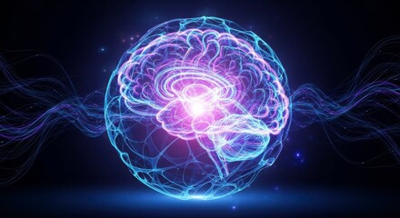 Obraz premium Glowing Brain: Neural Network in Digital Space