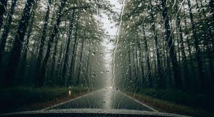 Obraz premium Rainy Road Trip: Forest Drive Through the Downpour