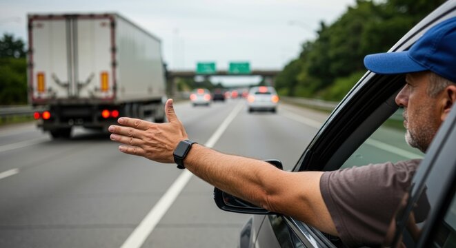 Mature Driver with Smartwatch Gestures from Car on a Busy Overcast Highway