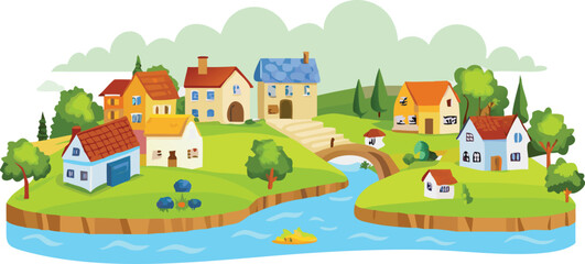 Cartoon village scene featuring colorful houses along a winding river under a clear blue sky.