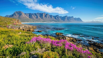 Naklejka premium A vibrant coastal landscape with Table Mountain in the background, vibrant pink flowers in the foreground, and a clear blue sky with scattered clouds.