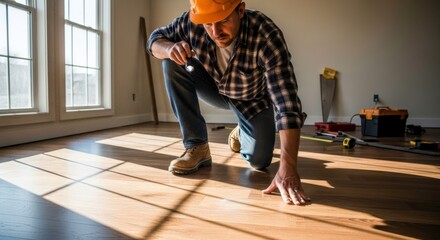 Flooring Inspection: Handyman Examining New Hardwood Installation