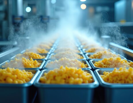 Industrial kitchen setup features rows of containers filled with steaming yellow pasta. Automated food processing system ensures efficient food manufacturing, preparation. High volume production