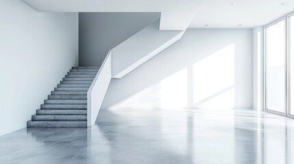 Fototapeta premium A modern, minimalist white room with a concrete staircase and large windows.
