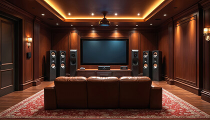 Luxurious home theater offers immersive cinematic experience with surround sound speakers, large screen. Comfortable brown leather seating arrangement faces entertainment setup, enhanced by warm