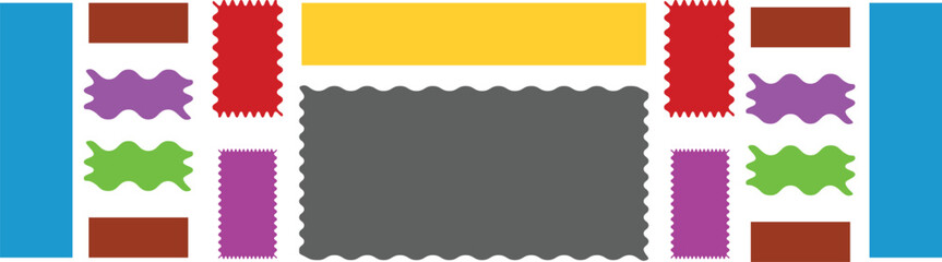 Set of frames with zigzag edge scallop shape. Geometric shapes with scallop and zigzag edges set. Retro wavy badges, text boxes, zigzag frames, label templates.