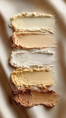 Swatches of creamy cosmetic product in varying shades, arranged on a neutral fabric backdrop